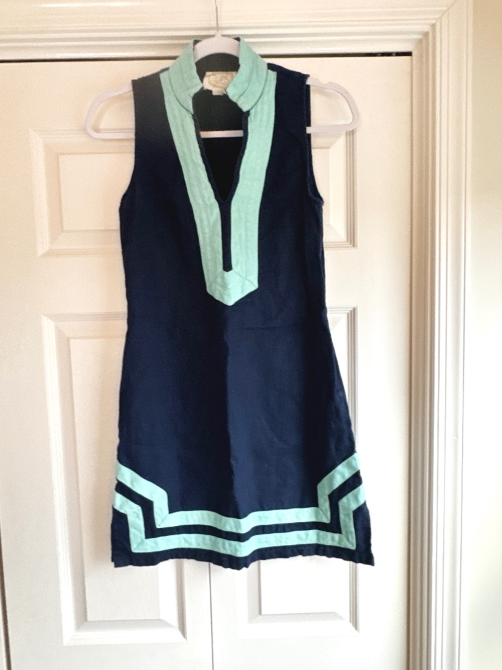 Sail To Sable - Navy and Turquoise, Linen, A-Line, V-Neck, Stand up collar, XS